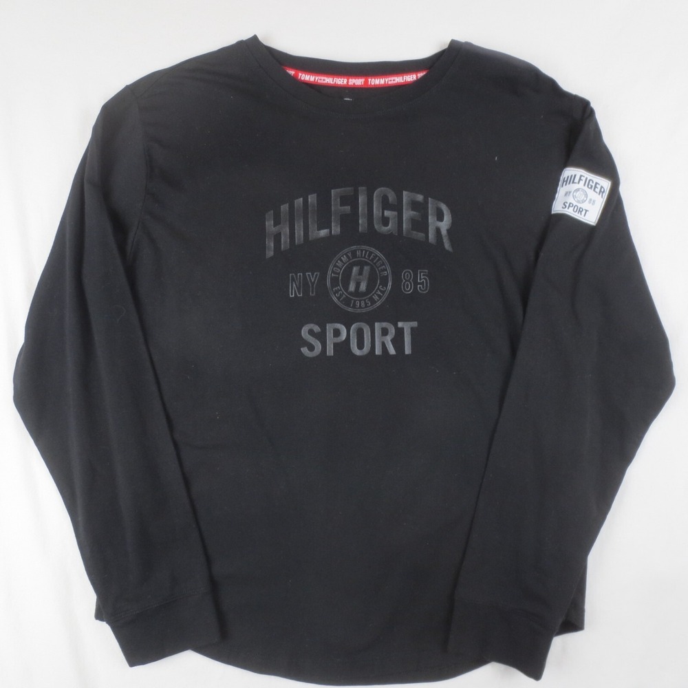 Tommy Hilfiger T-Shirt Womens Small Black Long Sleeve Relaxed Fit Ghost Logo Tee